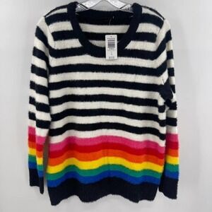 Torrid L/12 Black White Rainbow Stripe LS Fuzzy Yarn Round Neck Pullover Sweater